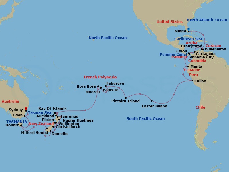 Miami To Sydney Grand Voyage Route Map