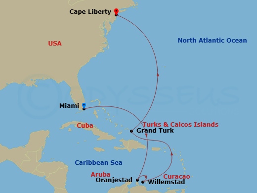 9 Night Miami To Cape Liberty Cruise Route Map