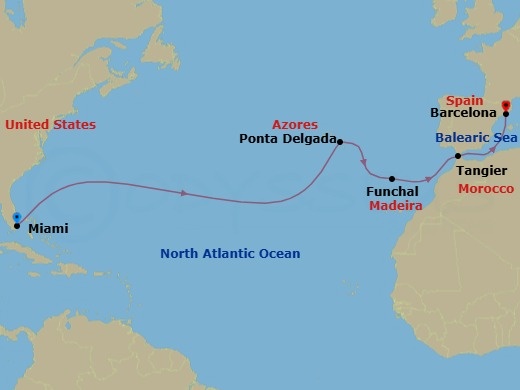 Miami To Morocco & Spain Transatlantic Route Map