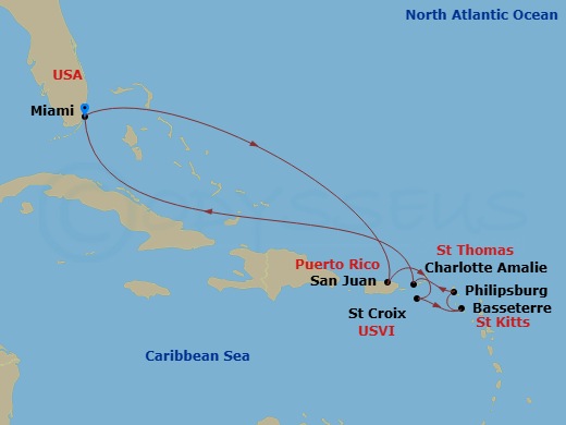 Carnival Journeys - 7-Day Eastern Caribb Route Map