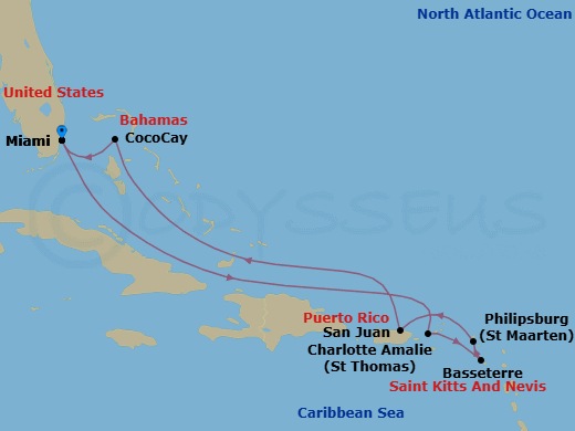 9 Nights Perfect Day Cococay & Carib Holiday Route Map