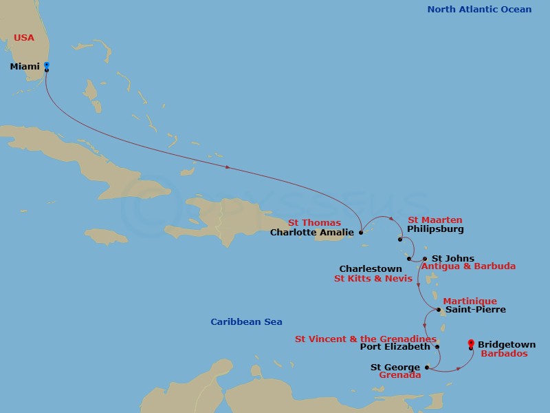 Eastern Caribbean: St.Kitts, Antigua & Martinique Route Map