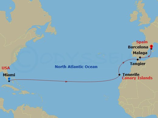 Miami To Morocco & Spain Transatlantic Route Map