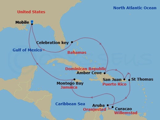 Carnival Journeys - Southern Caribbean Route Map