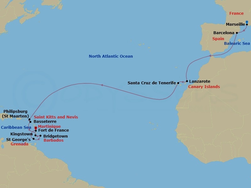 MSC Grand Voyages, 18 Nights Route Map
