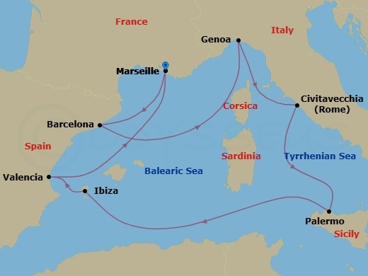 Mediterranean, 9 Nights Route Map