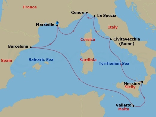 Mediterranean, 8 Nights Route Map