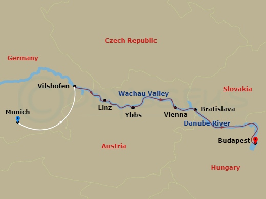 Danube Symphony With 2 Nights In Munich (Eastbound) Route Map