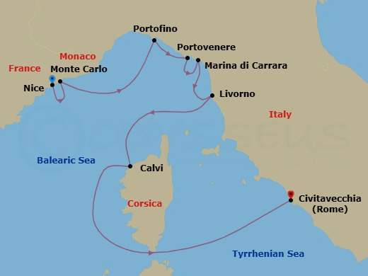 French & Italian Rivieras With Corsica Route Map