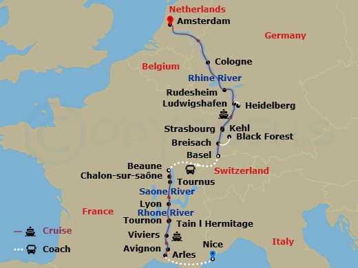 Rhine & Rhône Revealed With 2 Nights In French Riviera (Northbound) Route Map