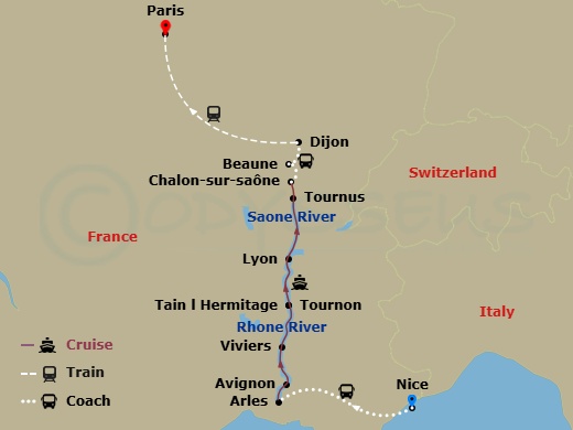 Burgundy & Provence With 2 Nights In French Riviera & 2 Nights In Paris (Northbound) Route Map