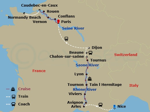 Grand France With 2 Nights In French Riviera (Northbound) Route Map