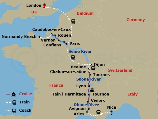 Grand France With 2 Nights In French Riviera & 3 Nights In London (Northbound) Route Map
