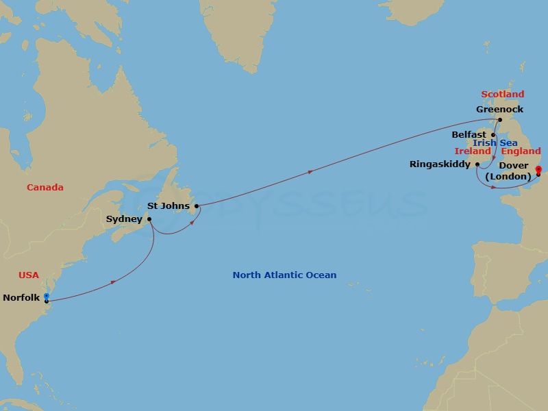Carnival Journeys - 15 Day Transatlantic Route Map