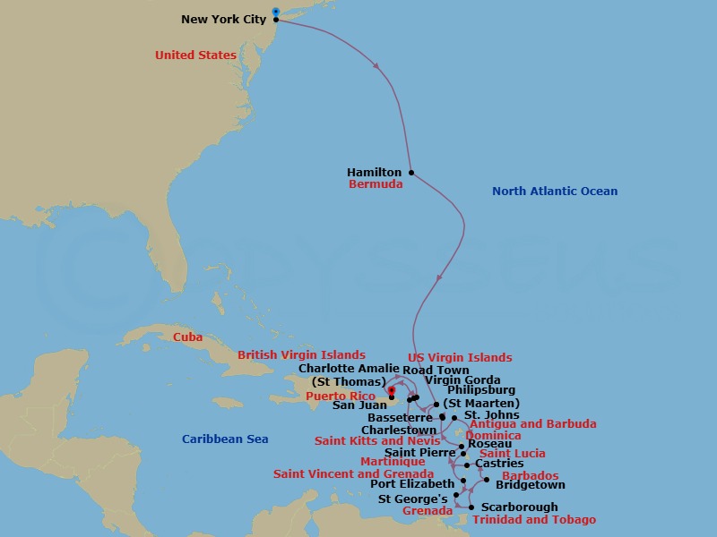 Bermuda & Caribbean Combination Cruise: Tortola, Barbados & Saint Kitts Route Map