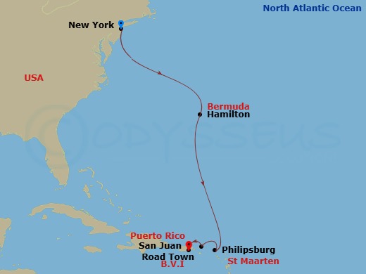 Bermuda & Caribbean Cruise: Hamilton, Philipsburg & San Juan Route Map
