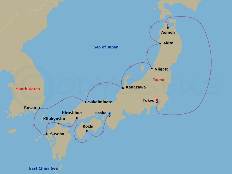 Japan Intensive Cruise: Kochi, Hiroshima & Akita Route Map