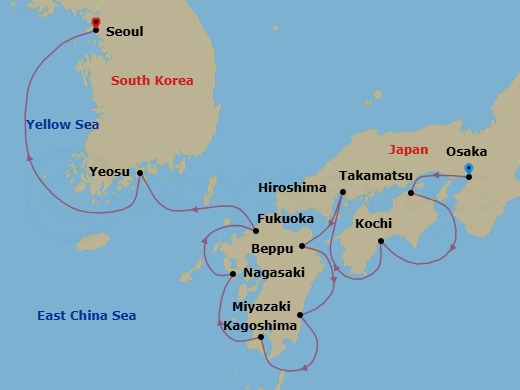 Japan Intensive Cruise: Osaka, Takamatsu & Kagoshima Route Map