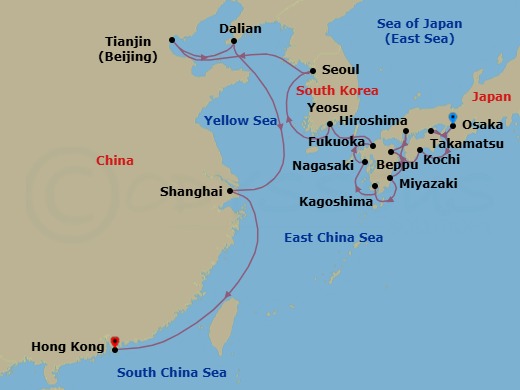 Japan, Korea & China Combination Cruise: Nagasaki, Seoul & Shanghai Route Map