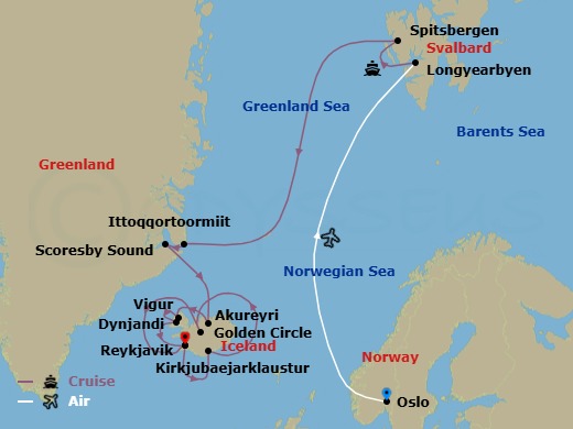 High Arctic, Greenland & Iceland Wonders - Cruise & Land Journey Route Map