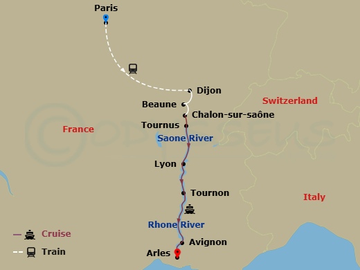 Burgundy & Provence With 2 Nights In Paris (Southbound) Route Map