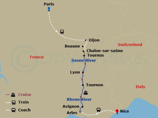 Burgundy & Provence With 2 Nights In Paris & 2 Nights In French Riviera (Southbound) Route Map