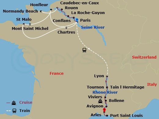 Active & Discovery On The Seine & Rhône With 2 Nights In Saint-Malo (Mont St. Michel Visit) Route Map