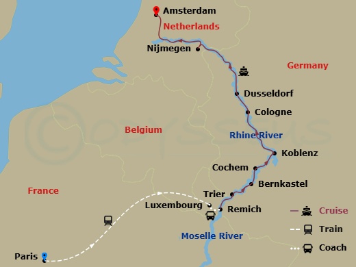The Rhine & Moselle: Canals, Vineyards And Castles With 2 Nights In Paris & 2 Nights In Amsterdam Route Map