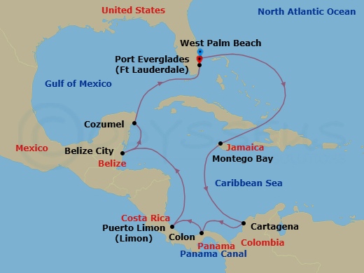 Panama Canal & Central America Route Map