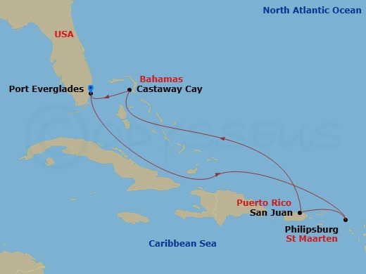 7-Night Eastern Caribbean Cruise From Fort Lauderdale Route Map