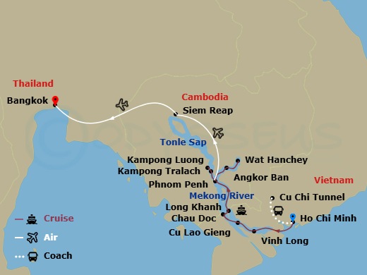 Fascinating Vietnam, Cambodia & The Mekong River With Bangkok (Northbound) Route Map