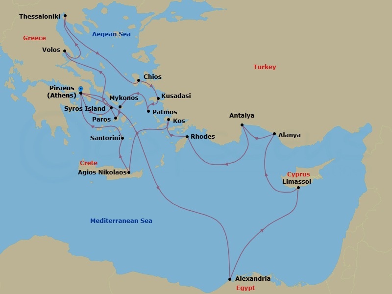 Greece Intensive Combination Cruise: Rhodes, Thessaloniki & Mykonos Route Map