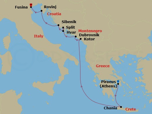 Greece, Montenegro & Croatia Cruise: Athens, Kotor & Dubrovnik Route Map