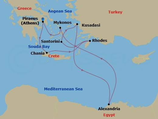 Greek Isles, Turkey & Cairo Overnight Route Map