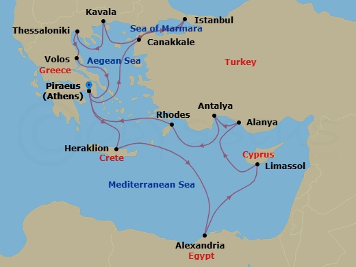 Greece, Turkey & Egypt Combination Cruise: Istanbul, Athens & Alexandria Route Map