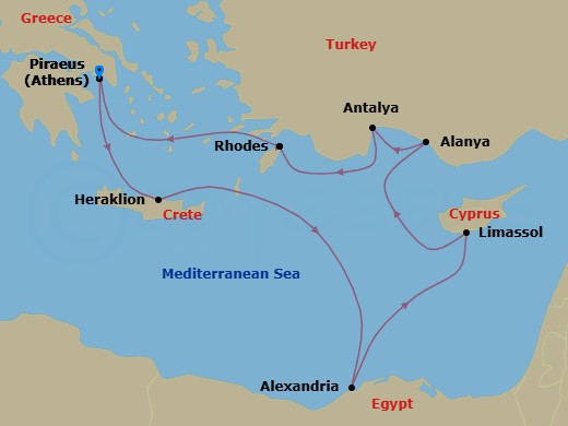 Greece, Egypt & Turkey Cruise: Athens, Alexandria & Antalya Route Map