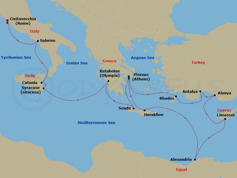 Greece, Egypt & Italy Combination Cruise: Alexandria, Athens & Amalfi Coast Route Map