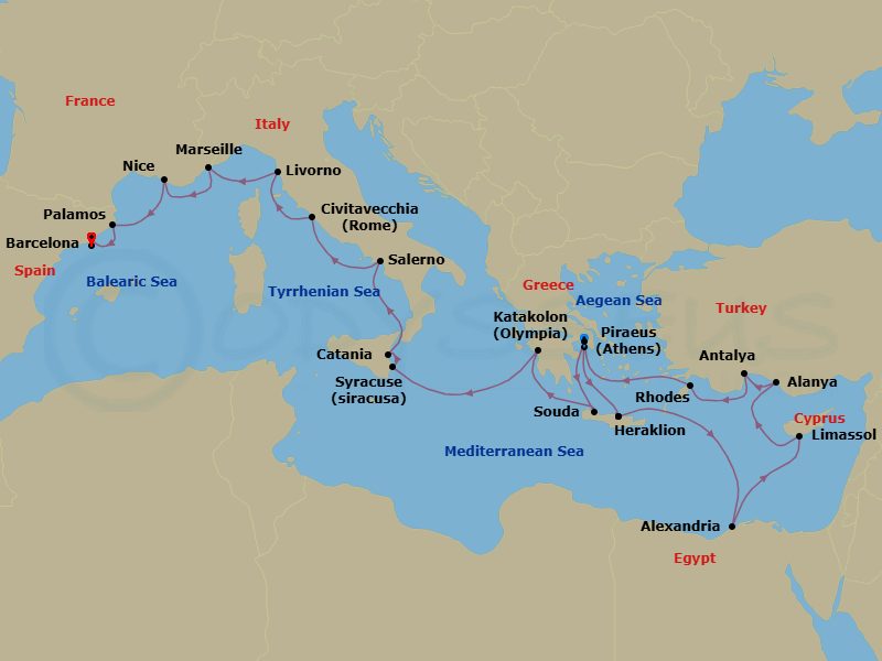 Greece, Italy & France Combination Cruise: Alexandria, Athens & Nice Route Map