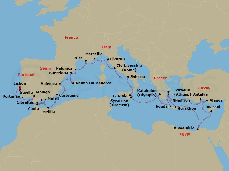 Athens To Lisbon Grand Voyage Route Map