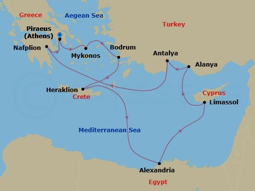 Greece, Egypt & Turkey Cruise: Athens, Alexandria & Antalya Route Map