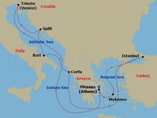 Mediterranean, 9 Nights Route Map