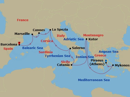 Mediterranean: Athens To Barcelona Route Map