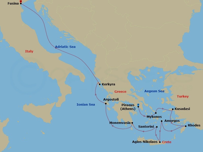 Greece Intensive Cruise: Mykonos, Rhodes & Crete Route Map
