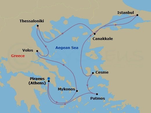 Greece & Turkey Cruise: Mykonos, Volos & Istanbul Route Map