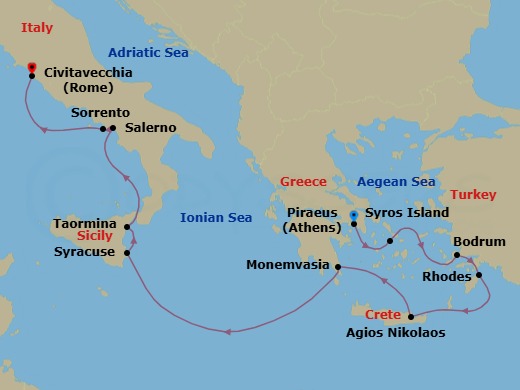 Greece & Italy Cruise: Rhodes, Crete & Amalfi Route Map