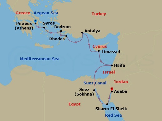 Ancient Wonders - Athens To Aqaba Via The Suez Canal Route Map