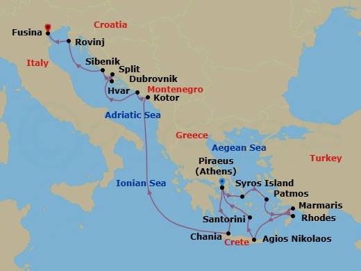 Greece & Croatia Combination Cruise: Rhodes, Santorini & Hvar Route Map