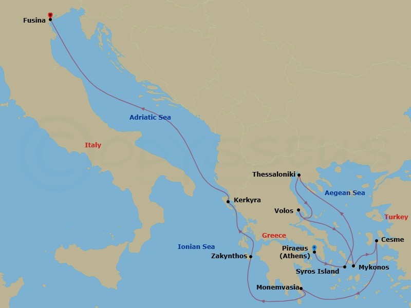 Greece Intensive Cruise: Thessaloniki, Mykonos & Corfu Route Map