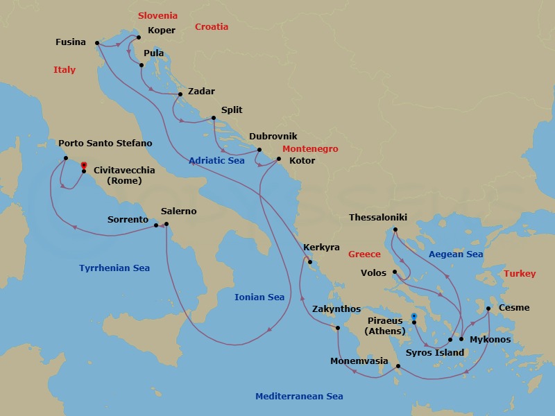 Greece & Croatia Combination Cruise: Syros, Mykonos & Kotor Route Map