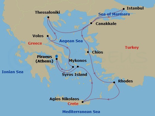 Greece & Turkey Cruise: Thessaloniki, Istanbul & Rhodes Route Map